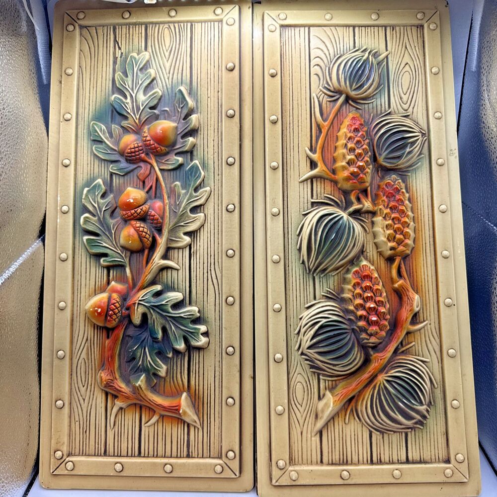 2 VTG Miller Studio's 1983 Wall Plaque 3D ART USA Decor MCM Acorns Pinecones